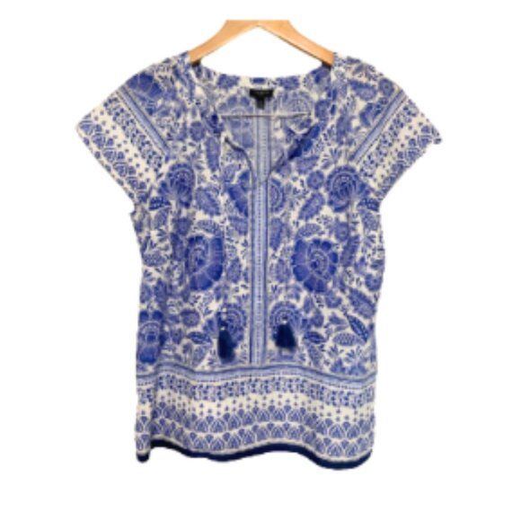 Talbots LIKE NEW 100% cotton blue/white floral split neck tassel detail blouse M - Picture 1 of 6
